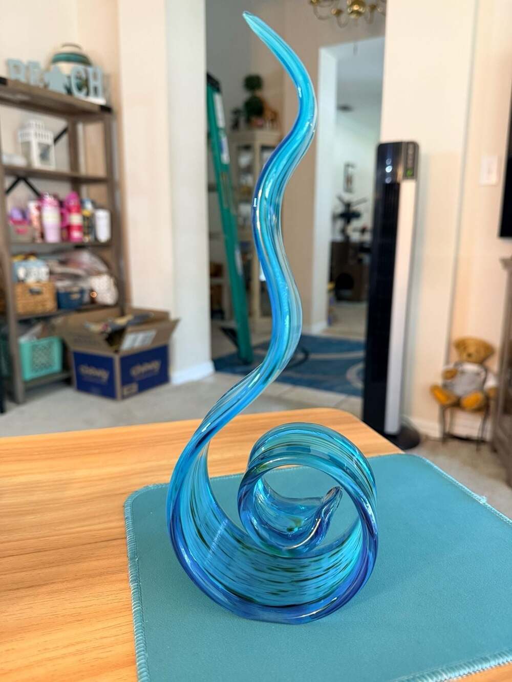 Murano Style Abstract Swirl Ribbon Art Glass Sculpture in Blue and Green